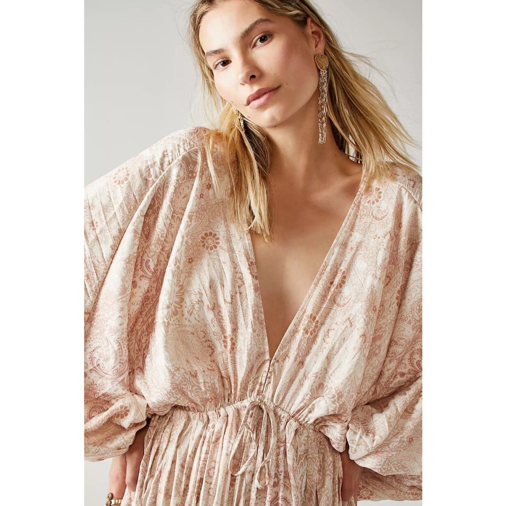 Free People Dress Women XS Arzel Mini Ivory Paisley Print Kimono Pleated Satin - Picture 5 of 15